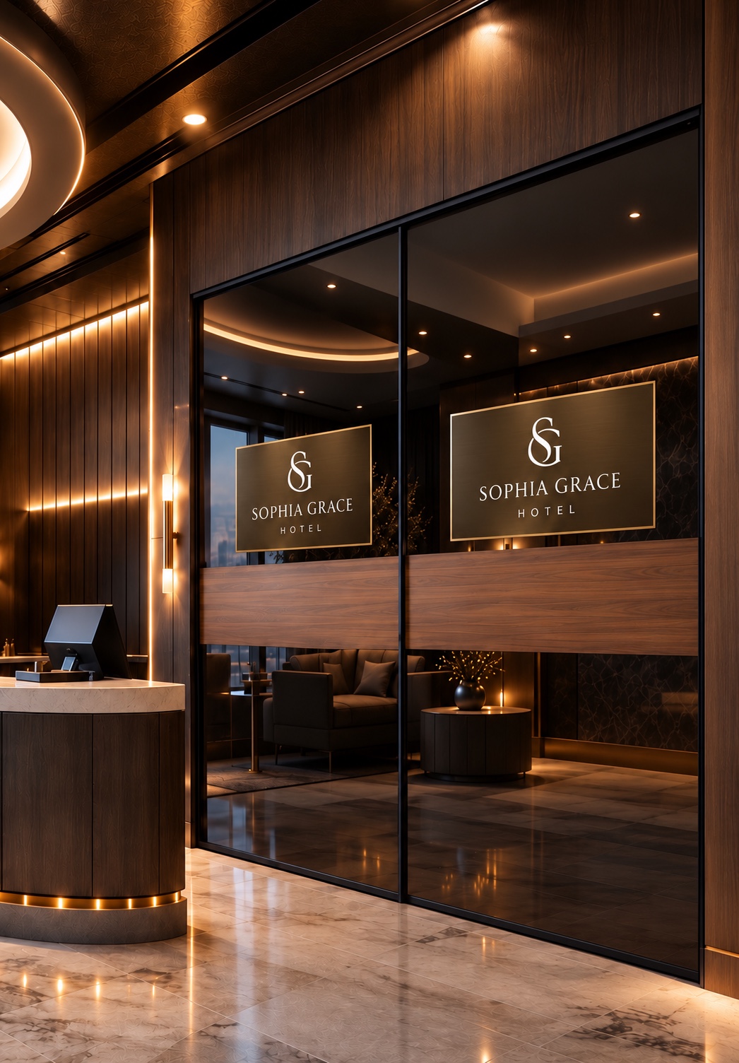 Schiebetüren mit Hotellogo hinter einer Empfangstheke