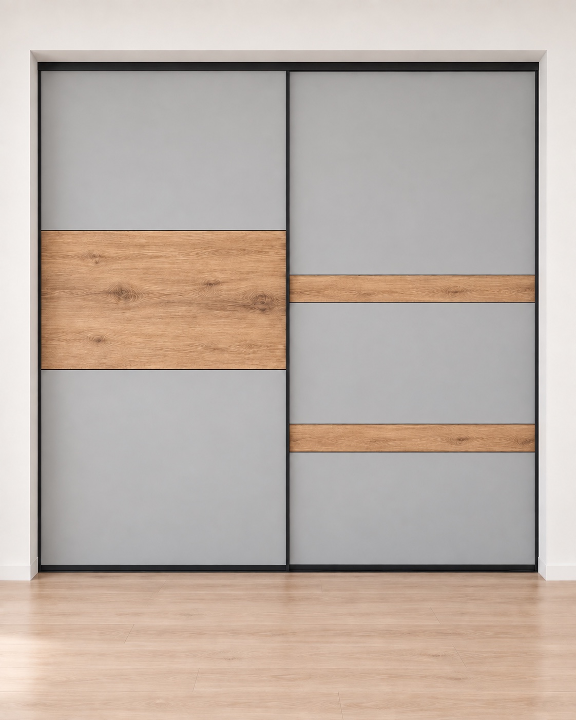 Paneles grises con inserciones de aspecto de madera