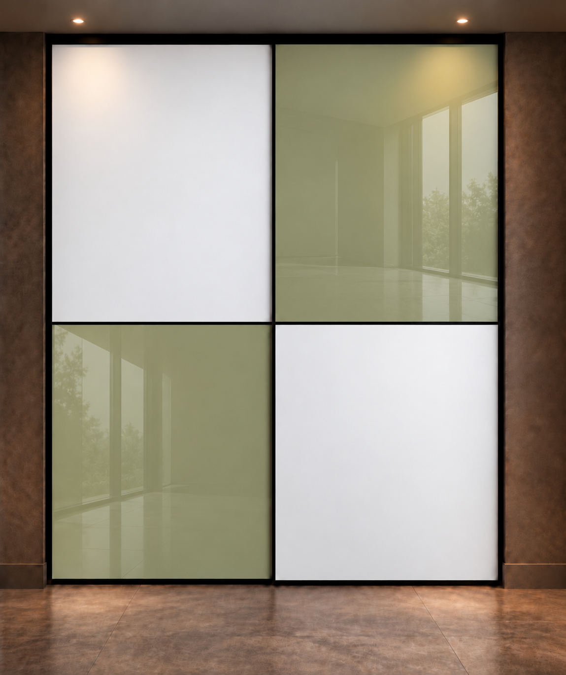 Puertas correderas con vidrio oliva brillante y blanco mate