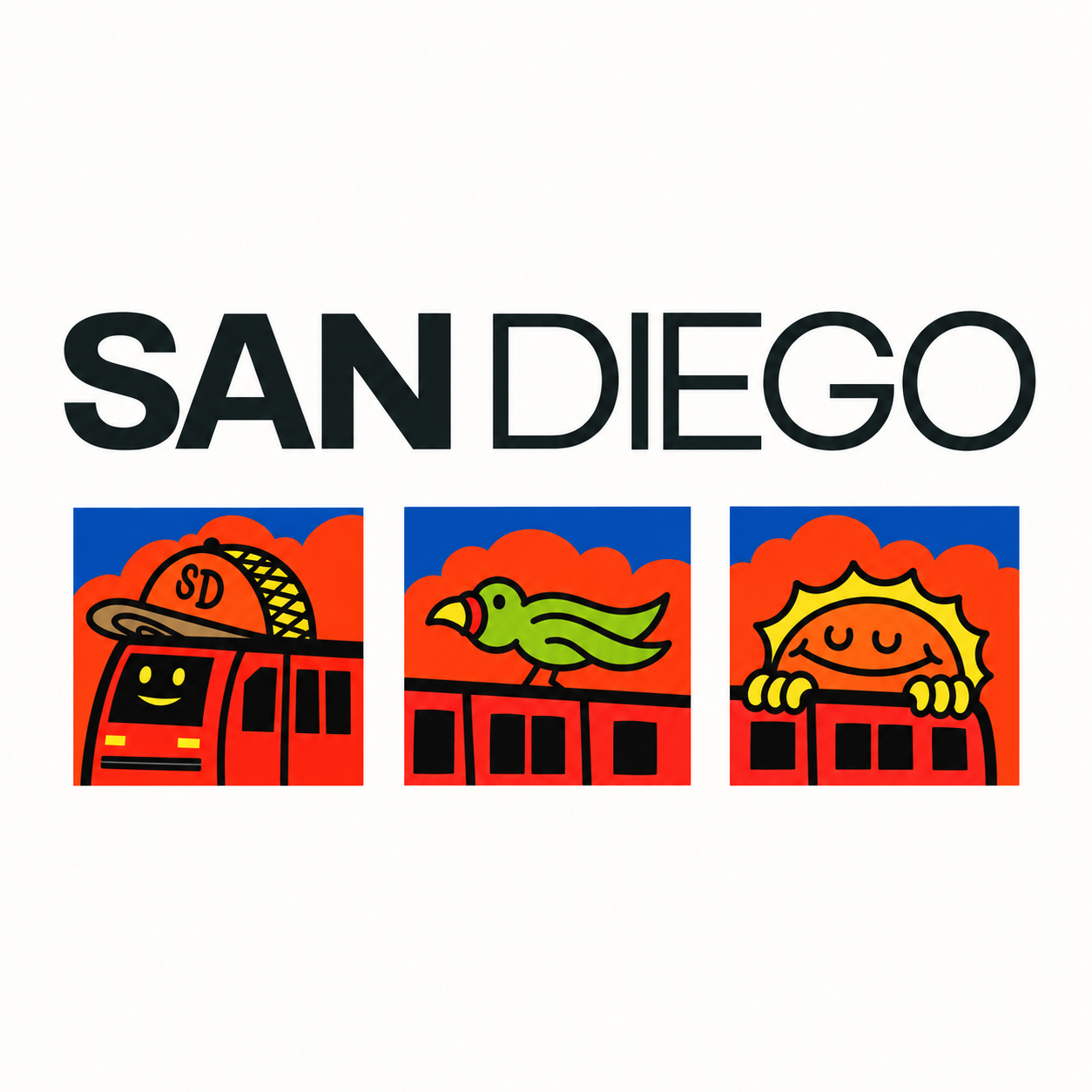 San Diego, nuestra ciudad, ilustrada con un tranvía, un loro y el sol